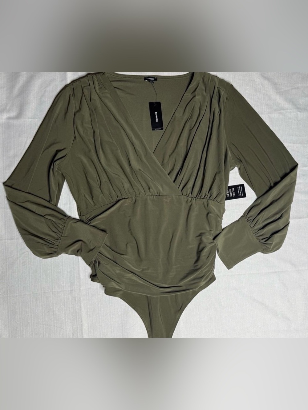 Women’s V-Neck Express Balloon Sleeve Faux Wrap Bodysuit Top Green Large New